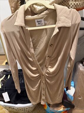 Princess Polly Beige Ruched Button-Down Shirt